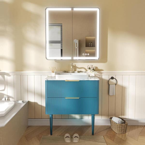 FAMYYT 30 in. W Bath Vanity in Aqua Blue with White Cultured