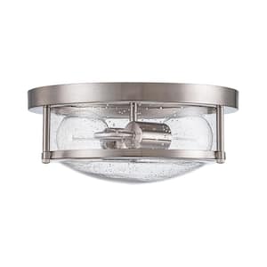 Lumin 11.8 in. 2-Light Nickel Flush Mount with Drum Seeded Glass Shade Dimmable Ceiling Light