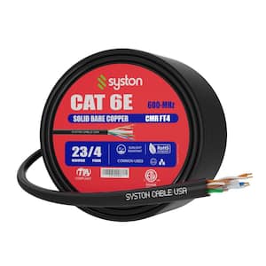 100 ft. Black CMR Cat 6e 600 MHz 23 AWG Solid Bare Copper Ethernet Network Cable-Bulk No Ends Heat Resistant