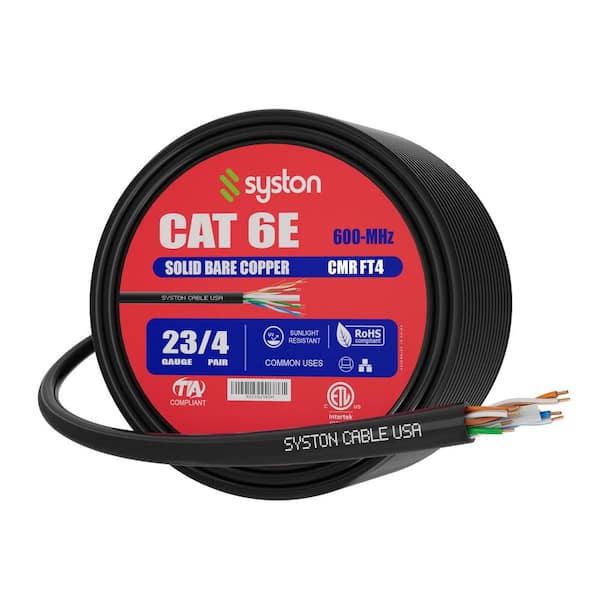 Syston Cable Technology 50 ft. Black CMR CAT6E 600 MHz 23 AWG Solid Bare Copper Ethernet Network Cable Data Wire-Bulk No Ends Heat UV Resistance