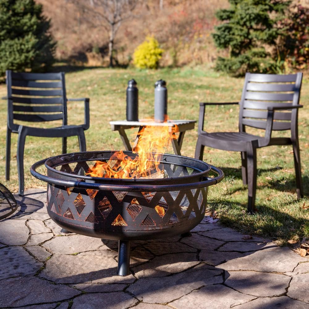 Sunnydaze Cross Weave 36 in. x 24 in. Large Round Steel Wood Burning Fire Pit in Bronze with Spark Screen KF-610037D