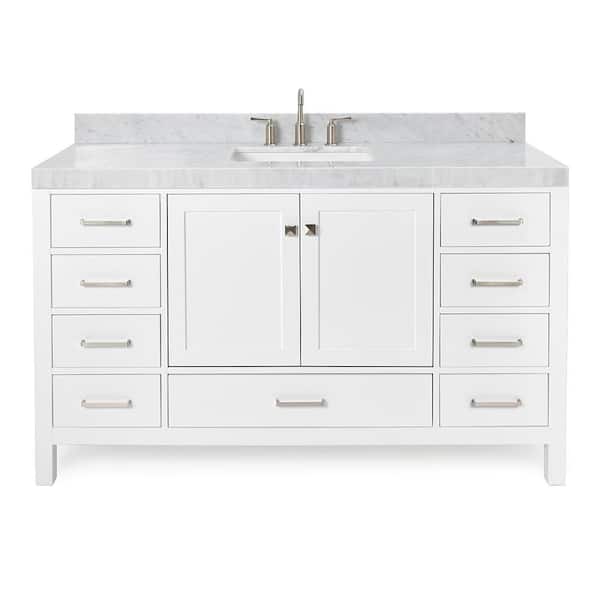 Cambridge 60 in. Single Sink Freestanding Bathroom Vanity in White with Carrara White Marble Top