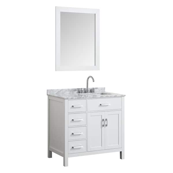BEAUMONT DECOR Hampton 37 in. Bath Vanity in White with Marble Vanity Top in Carrara White with White Basin and Mirror