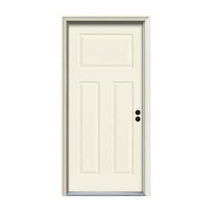 30 in. x 80 in. 3-Panel Craftsman Vanilla Painted Steel Prehung Left-Hand Inswing Front Door w/Brickmould