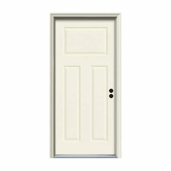 JELD-WEN 30 in. x 80 in. 3-Panel Craftsman Vanilla Painted Steel Prehung Left-Hand Inswing Front Door w/Brickmould