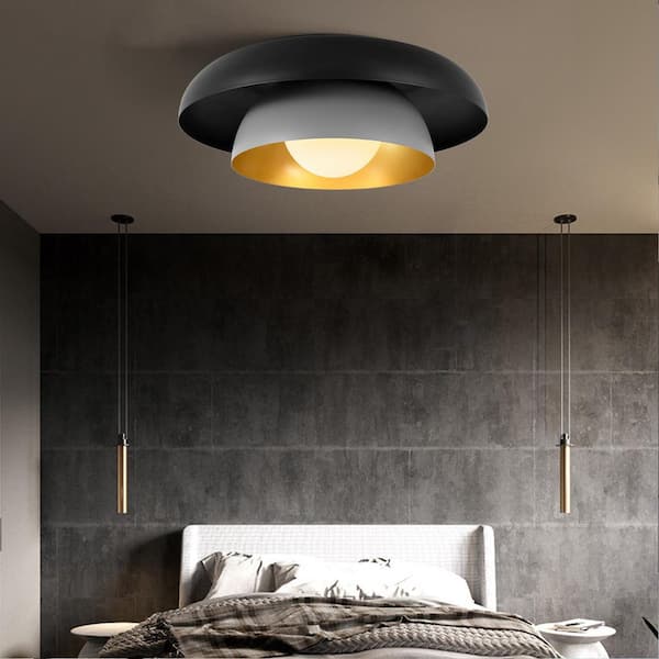 HUOKU Lumin 1-Light 18.1 in.W Black Flush Mount Industrial Dome Round Ceiling Light with Opal Glass for Closet Foyer Hallway