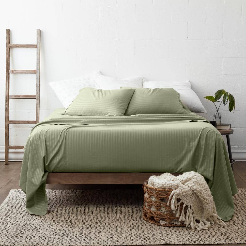 4-Piece Sage Striped Microfiber Queen Sheet Set