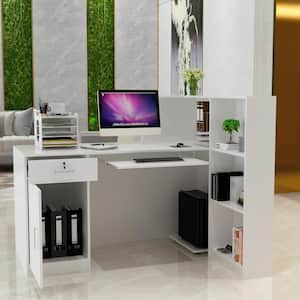 55.1 in. W x 43.3 in. H White MDF Computer Desk with a Desktop 3-Storage Shelves 1-Drawer and 1-Cabinet