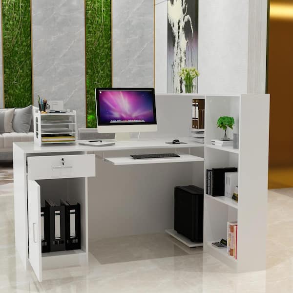 FUFU&GAGA 55.1 in. W x 43.3 in. H White MDF Computer Desk with a Desktop 3-Storage Shelves 1-Drawer and 1-Cabinet