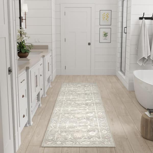 Vintage Washables Grey 2 ft. x 8 ft. Floral Traditional Runner Area Rug