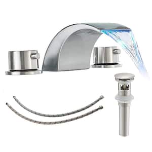 8 in. Widespread Double-Handle Bathroom Faucet with LED Light 3-Holes Sink Faucet with Drain Assembly in Brushed Nickel