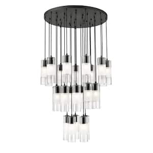 Alton 36 in. 27-Light Matte Black Round Chandelier with Clear Plus Frosted Glass Shades