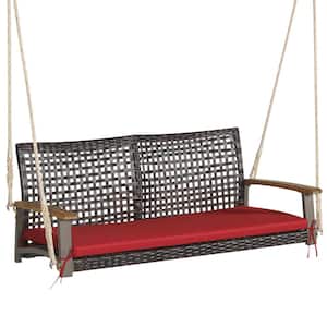 Patio 2-Person Loveseat Wicker Steel Porch Hanging Swing Chair with Red Cushion and Acacia Wood Armrests