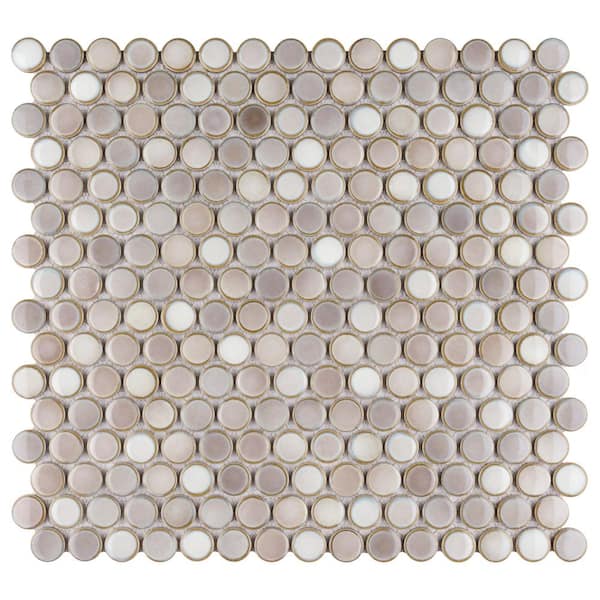 Merola Tile Hudson Penny Round Dove Grey 6 in. x 6 in. Porcelain Mosaic Take Home Tile Sample
