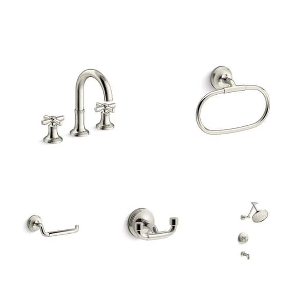 Paces 8 in. Widespread Faucet, Towel Ring, Toilet Paper Holder, Robe Hook and Tub/Shower Faucet Combo in Polished Nickel
