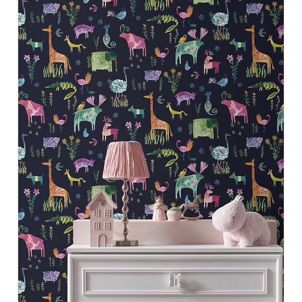 30.75 sq. ft. Dark Blue Animals Vinyl Peel and Stick Wallpaper Roll