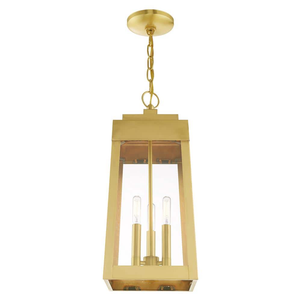 Satin Brass 3-Light Outdoor Pendant Lantern with Clear Glass