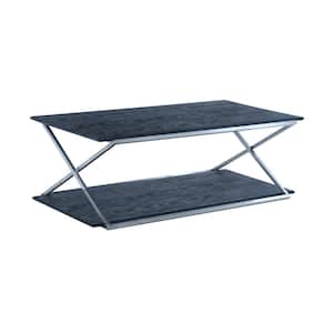 Mariana 51 in. Brushed Stainless Steel Rectangle Wood Coffee Table with Shelves, and Storage