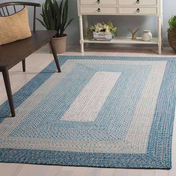 Braided Blue/Aqua 3 ft. x 3 ft. Machine Washable Solid Striped Border Square Area Rug