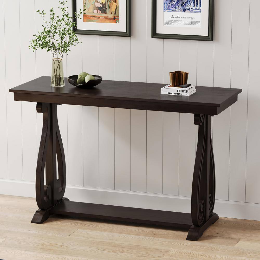 Vintage 48 in. Espresso Rectangle Wood Console Table with Unique Legs and Open Shelf