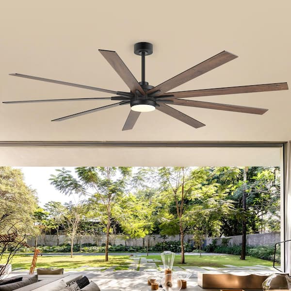 Claude 84 in. Integrated LED Black Windmill Ceiling Fan with Light, Downrod, Black/Brown Blade and Remote Included