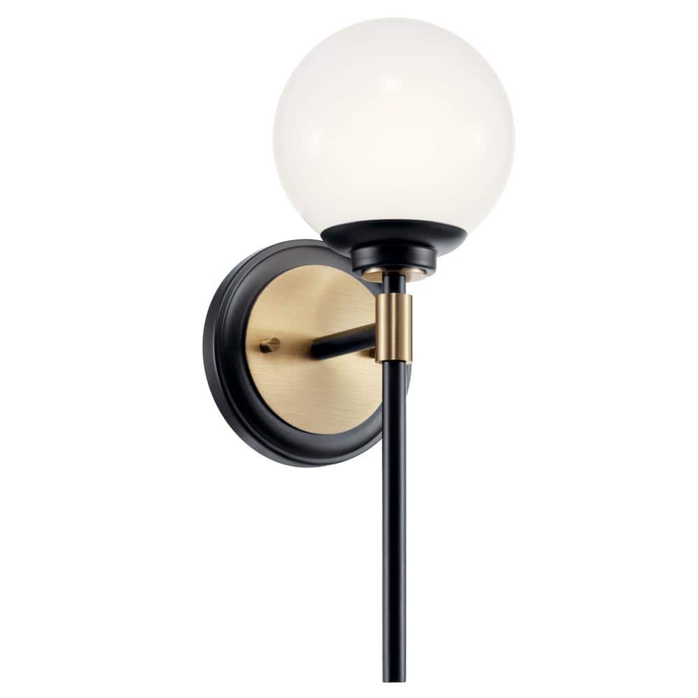 KICHLER Benno 1-Light Black and Champagne Bronze Bathroom Indoor Wall Sconce Light with Opal Glass Shade
