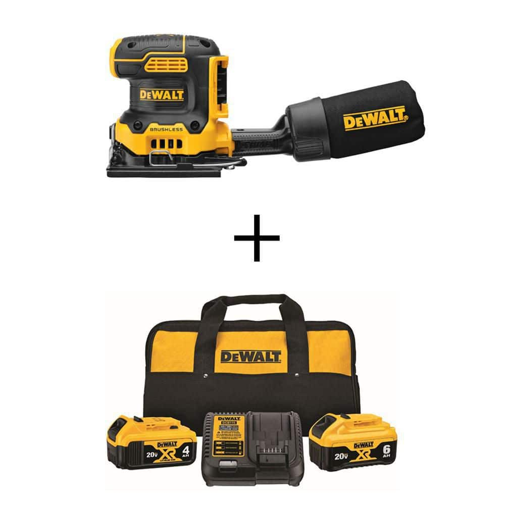 DEWALT 20V MAX XR Cordless Brushless 1/4 Sheet Variable Speed Sander with 20V 6.0Ah and 4.0Ah Batteries, Charger & Kit Bag