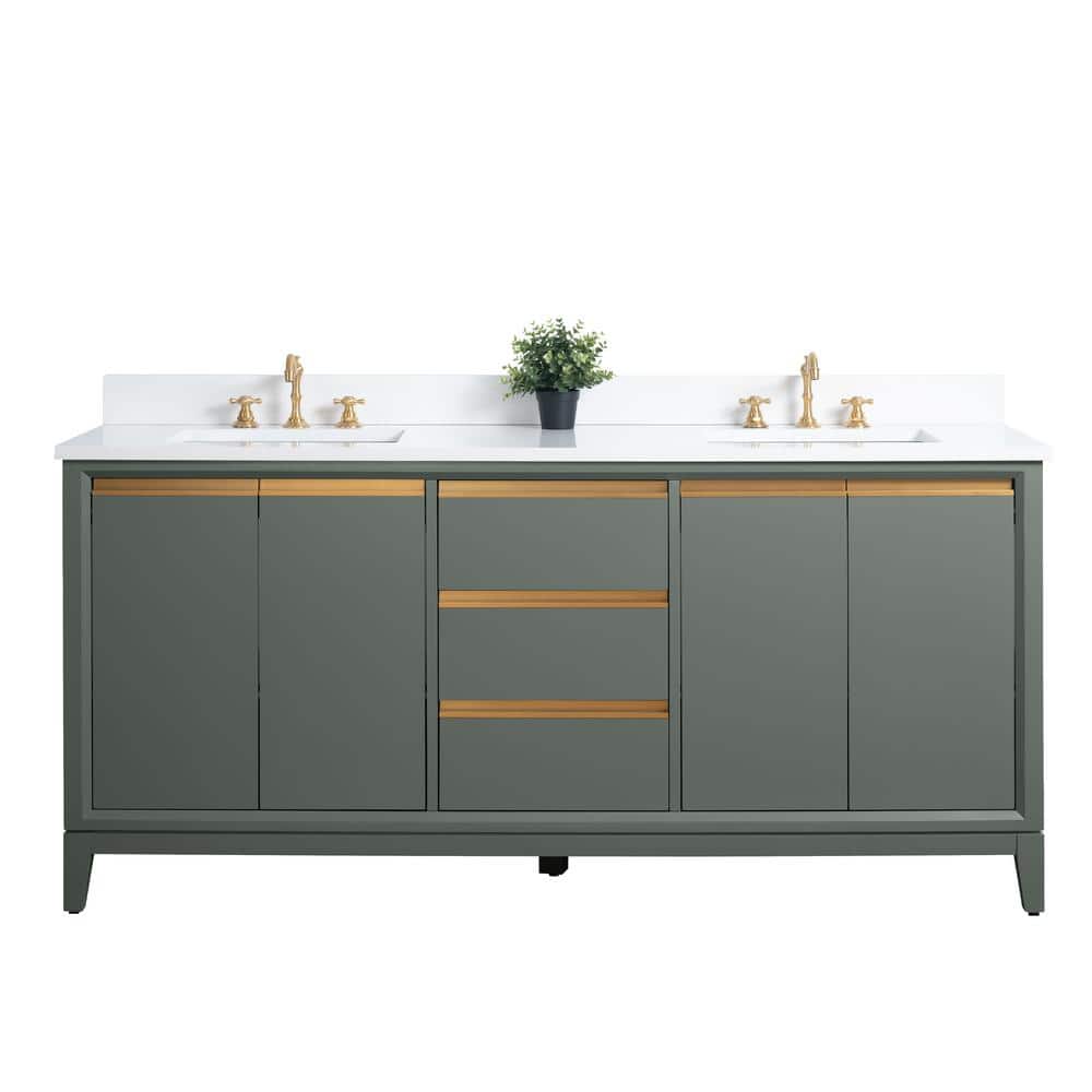 72" Vintage Green Double Sink Bathroom Vanity with Marble Top