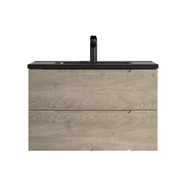 Combo 32 in. Single Evita Oak Bath Vanity Wall-mounted Floating Vanities with Matte Black Resin Stone Top 2-Drawers