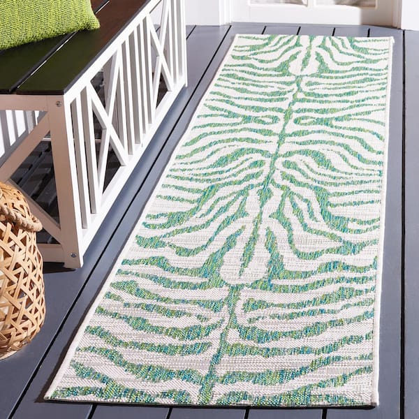 Courtyard Ivory/Green 2 ft. x 8 ft. Zebra Indoor/Outdoor Runner Rug