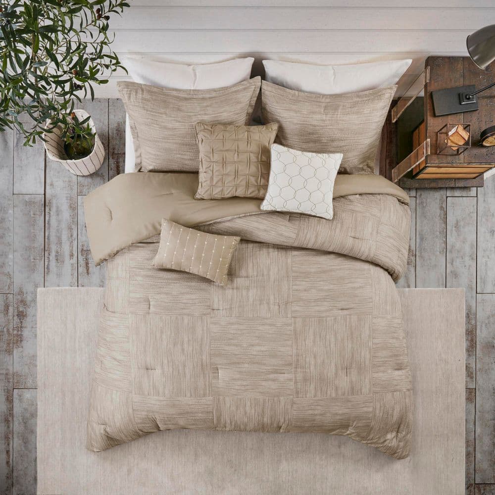 Taupe Queen Reversible Microfiber Comforter Set with Decorative Pillows