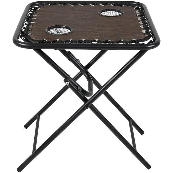 Sunnydaze Dark Brown Folding Outdoor Sling Side Table with Drink Holders