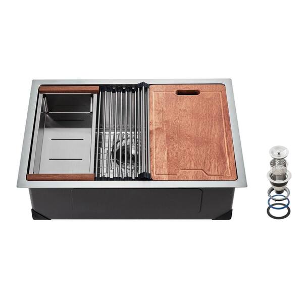 27 in. 304 Stainless Steel Workstation Kitchen Sink with Accessories, Single Bowl Drop-In/Undermount Basin