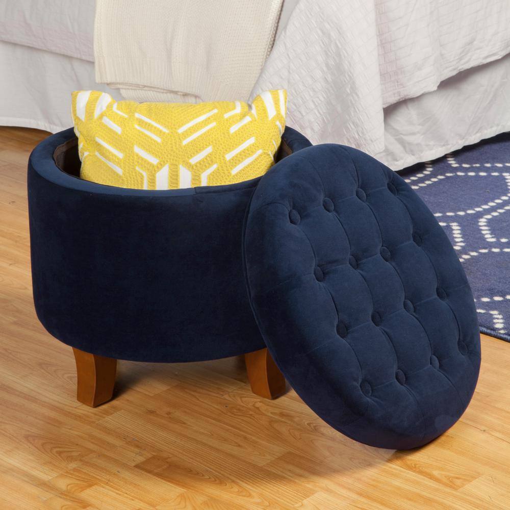Navy Velvet Round Tufted Ottoman with Rustic Wood Legs