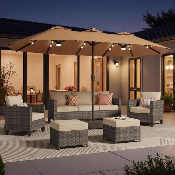 15 ft. Rectangule Outdoor Double Sided Market Patio Umbrella in Tan with Base and LED Lights for Poolside Lawn Garden