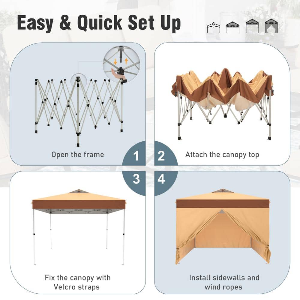 10' x 10' Beige and Brown Pop-Up Canopy Tent with Sidewalls