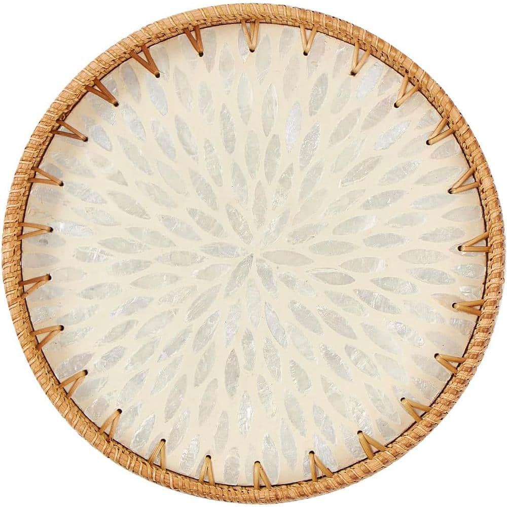 11.8 in. White Leaf Round Rattan Decorative Tray with Wooden Base (1-Pack)