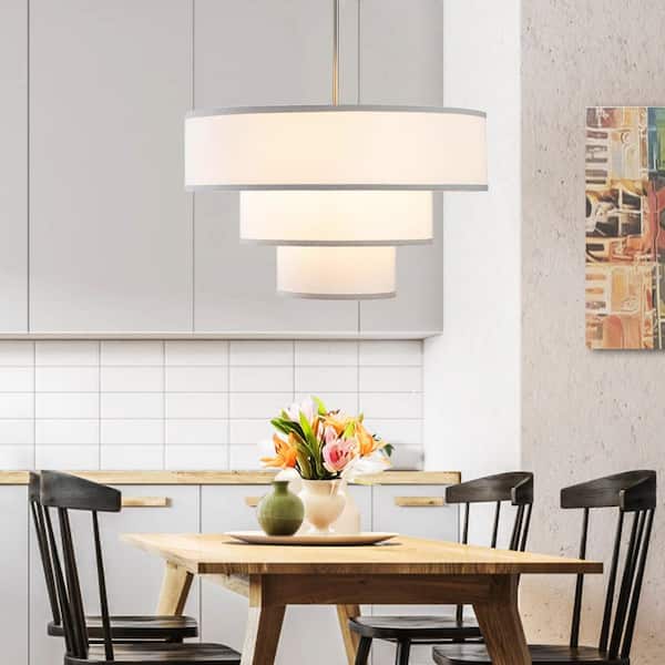 24 in. 5-Light Brushed Nickel Tiered Drum Chandelier with White Farbic Shade