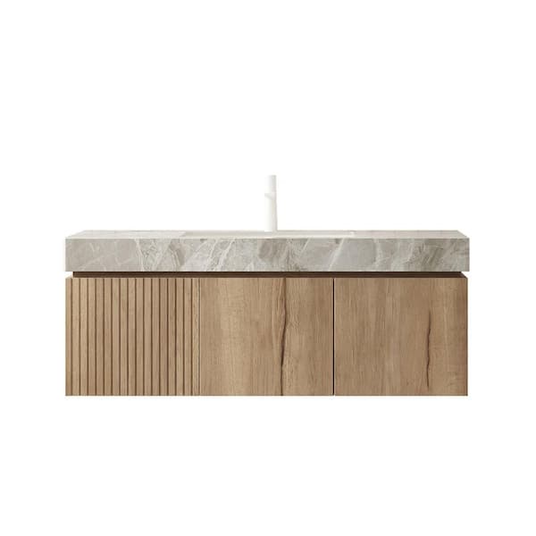 48in. Floating Single Sink White Oak Bath Vanity with Light Gray Sintered Stone Top