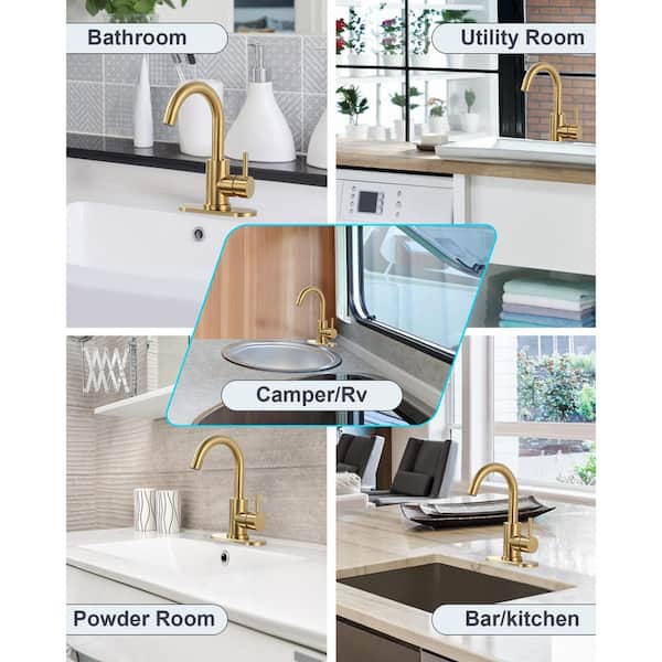 Stainless Steel Single Handle Bar Faucet with Ceramic Disc Valve, 6.3 in. Deckplate and 24 in. Supply Lines in Gold