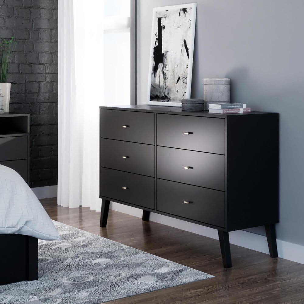 Black Mid-Century Double Dresser with Deep Drawers