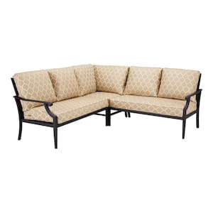 Braxton Park 3-Piece Black Steel Outdoor Patio Sectional Sofa with CushionGuard Toffee Trellis Tan Cushions