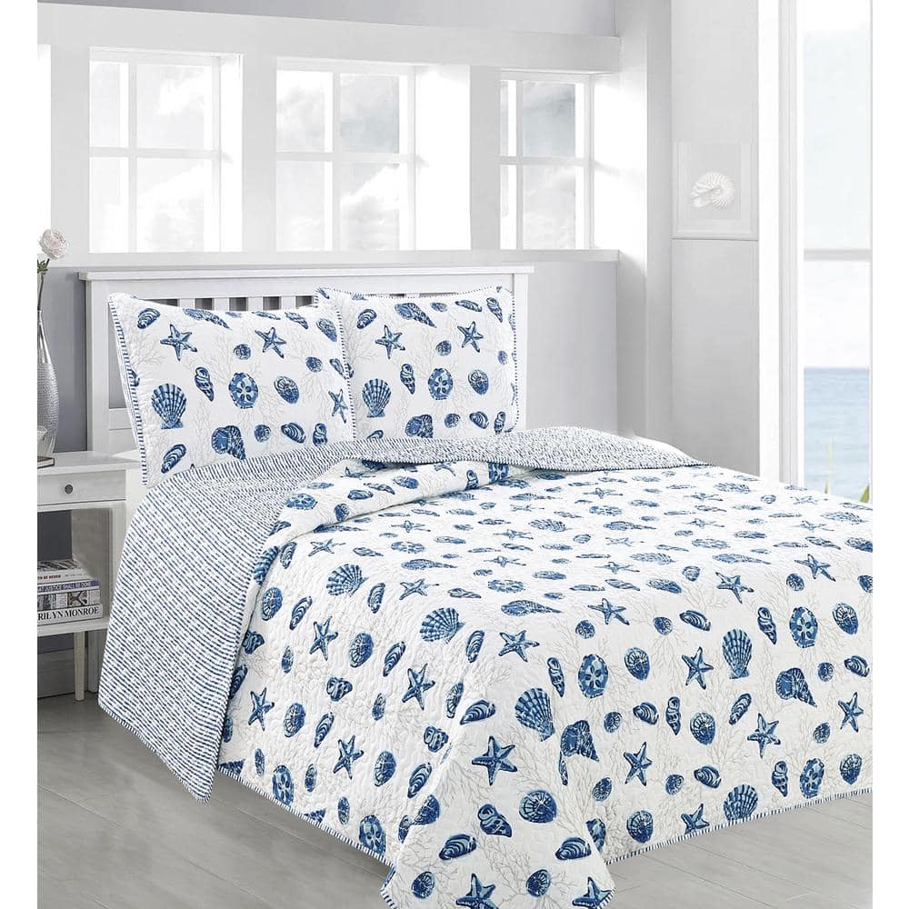 Twin Blue Shells Reversible Microfiber Coastal Quilt Set