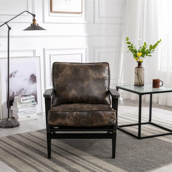 ATHMILE Black Mid-Century PU Leather Solid Wood Accent Chair with Removable Cushion (Set of 1)