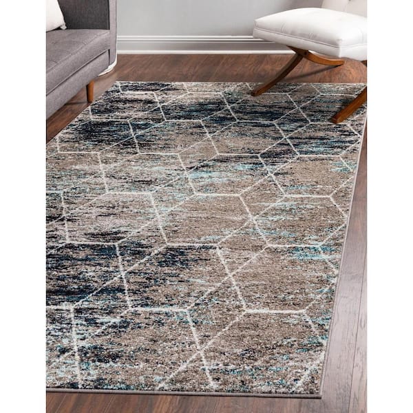Trellis Frieze Geometric Blue Multi 10 ft. x 14 ft. Area Rug