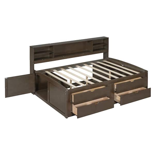 Nestfair Antique Brown Full Size Wood Daybed with 2 Bedside Cabinets, Upper Shelves and 4 Drawers