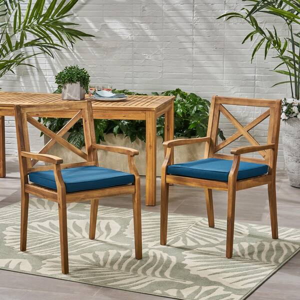 2-Pieces Acacia Wood Outdoor Dining Chairs in Gray with Blue Cushions for Garden