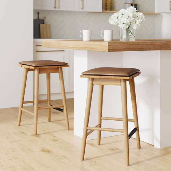 Nathan James Barker 25 In Counter Height Wood Barstool With Leather Removable Cushion For Kitchen Chestnut Brown Set Of 2 Light