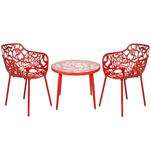 Devon 3-Piece Aluminum Set with Round Table with Glass Top Outdoor Dining and 2 Stackable Armchairs in Red