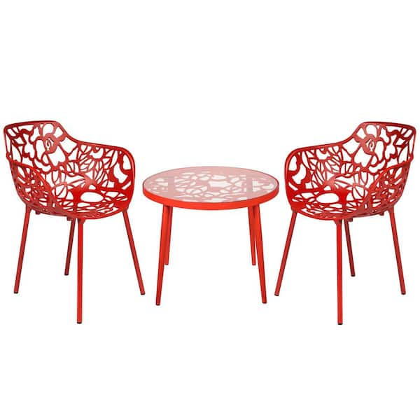 Leisuremod Devon 3-Piece Aluminum Set with Round Table with Glass Top Outdoor Dining and 2 Stackable Armchairs in Red